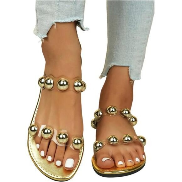 Womens Beaded Clear Flat Sandals Open Toe Dressy Slide Summer Shoes Trendy - Picture 2 of 6